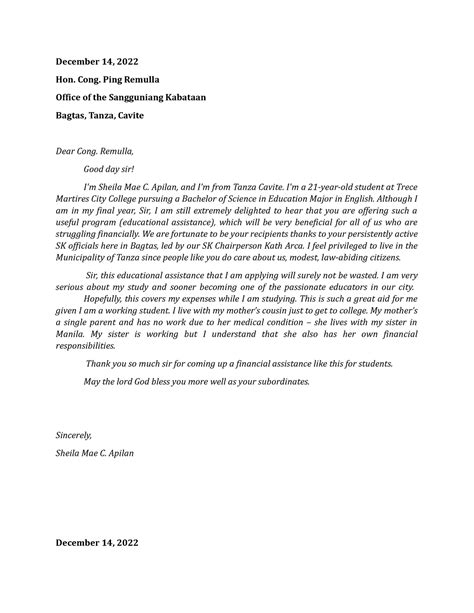 educational assistance letter tagalog